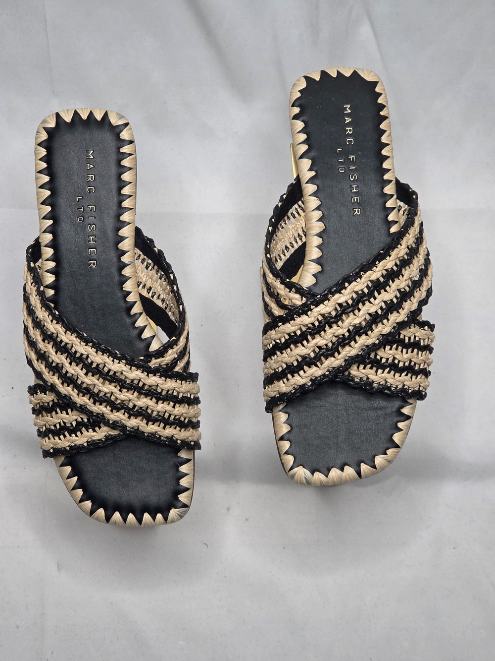 Marc Fisher Black and Natural Woven Slide Sandals